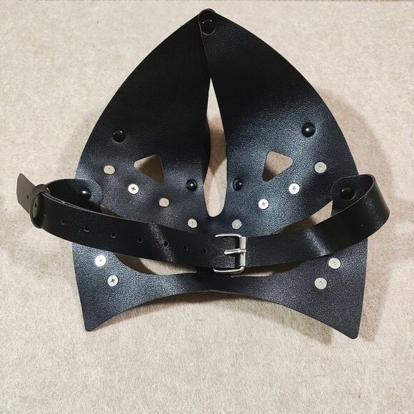 Gothic Black Cat Silver Spike Leather Costume Mask #9 - Picture 4 of 4